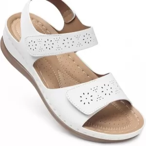 SHIBEVER Women's Flat Sandals – Dressy Open Toe Ankle Strap Walking Shoes with Arch Support (White)