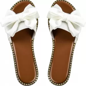 Sksshion Women's Bow Knot Slide Sandals – Open Toe Flat Leather Slippers with Bow Detail (White)