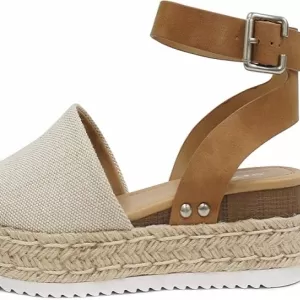 Soda Topic Open Toe Espadrille Wedge Sandals – Ankle Strap Flatform Casuals for Women (Beige Canvas/Tan)