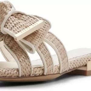 Ted Baker Women's Elsie Leather Bow Flat Sandal – Square Toe Slip On Sandals with Padded Insole (Natural)