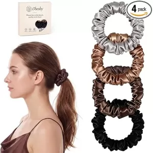obeoby 100% Mulberry Silk Scrunchies – 4 Pack Skinny, Neutral Colors, Anti-Frizz & Static