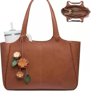 LOVEVOOK Vintage Leather Tote – 40oz Cup Holder, 6 Pockets, Vegan Leather, for Work