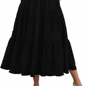 HUSKARY Women’s Smock Layered Tiered Maxi Skirt – High Waisted A-Line Flowy Long Skirt with Pockets