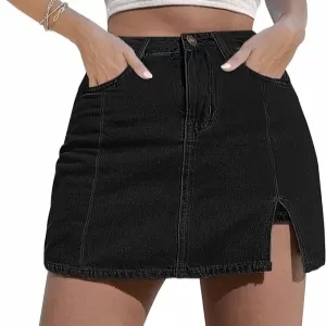luvamia Women’s Denim Mini Skort – High Waisted Jean Skirt with Side Slit & Stretchy Shorts