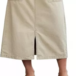 luvamia Women’s High-Waisted Midi Denim Skirt – Drawstring Elastic Waist Long Skirt with Pockets & Front Slit