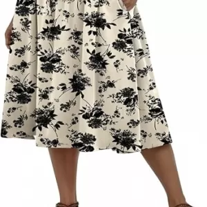 MLXSJ Women’s Summer Midi Skirt – Pleated Flowy Elastic High Waisted Skirt with Pockets, A-Line Chiffon