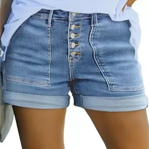 Sidefeel Women’s High-Waisted Stretchy Jean Shorts – Buttoned Folded Hem Zimbaplatinum Denim Shorts