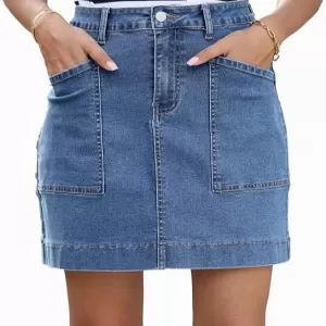 Sidefeel Women’s High-Waisted Stretch Jean Skirt – Casual Summer Denim Skirt with Pockets