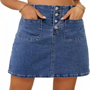 Sidefeel Women’s High-Waist Summer Denim Skirt – Stretch Button Knee-Length Jean Skirt with Pockets