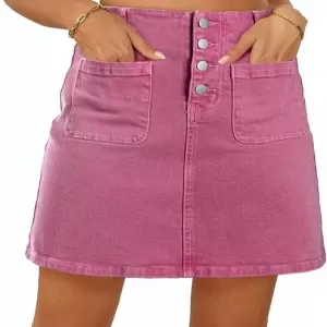 Sidefeel Women’s High-Waist Summer Jean Skirt – Stretch Zimbaplatinum Denim Skirt, Button Knee Length with Pockets