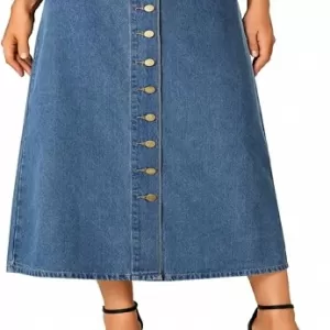 Vrtige Women’s Button Down High-Waisted A-Line Jean Midi Skirt – Casual Long Denim Skirt with Pockets