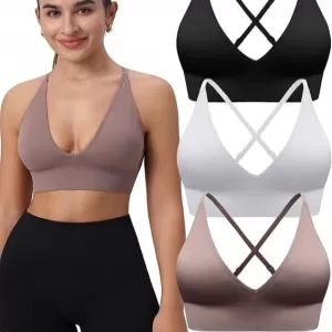 Evercute 3-Pack Deep V Neck Sports Bra: Wireless, Spaghetti Strap, Removable Pads
