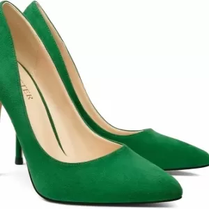 COLETER Women's 4 Inch Pumps – Pointy Toe Wedding Dress Shoes Slip On Stiletto (Green Suede)