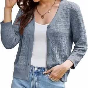 GRACE KARIN Crochet Knit Cardigan – 3/4 Sleeve Cropped Shrug Spring Button Down Sweater Top