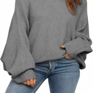 Mafulus Oversized Crewneck Sweater – Batwing Puff Long Sleeve Cable Slouchy Pullover Jumper Top