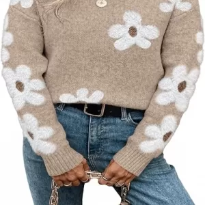 SHENHE Women's Floral Pattern Crewneck Sweater – Long Sleeve Drop Shoulder Pullover Top