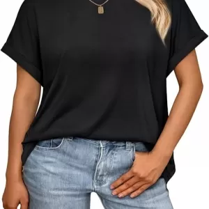 AUTOMET Oversized Short Sleeve T-Shirt – Drop Shoulder Rolled Cuff Casual Top for Work, Travel & Lounge