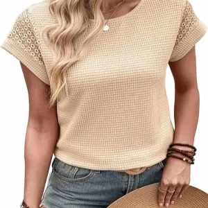 Dokotoo Waffle Knit Lace Sleeve Tee – Crewneck Short Sleeve Loose Basic Blouse Summer 2026