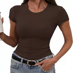 GEMBERA Ribbed High Neck T-Shirt – Short Sleeve Slim Fitted Gym Workout Top for Women