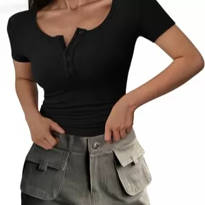 PRETTYGARDEN 2026 Summer Short Sleeve Top – Ribbed Henley Button Slim Fit Basic Casual T-Shirt Blouse (Black)