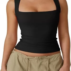QINSEN Double Layer Square Neck Tank Top – Sleeveless Basic Tight T-Shirt for Women
