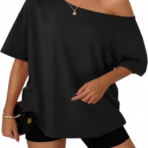 Trendy Queen Off The Shoulder Top – Oversized T-Shirt Short Sleeve Tee Summer 2026 Casual Spring Clothes (Black)