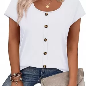 WIHOLL Button Down Cap Sleeve Top – U Neck T-Shirt Fashion Clothing for Women