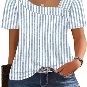 WIHOLL Women's Summer Top – Square Neck Short Sleeve Shirt Spring Fashion Blouse 2026 (Stripes Blue)