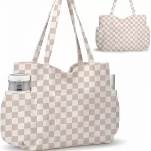 Corduroy Tote Bag – Large Capacity, 6 Pockets, Crossbody, Machine Washable, for Work/Travel/Gym