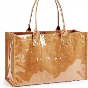 KALIDI PVC Tote Bag – Kraft Paper Texture, Transparent, Waterproof, Wide Handles, Foldable
