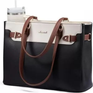 LOVEVOOK Laptop Tote – Waterproof PU Leather, 11 Pockets, 30oz Cup Holder, for Women