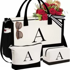 YOOLIFE Initial Canvas Tote – Mother's Day Gift Set with Makeup Bags