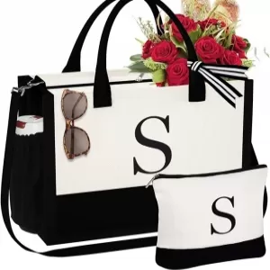 YOOLIFE Personalized Tote – Initial Canvas Bag with Makeup Pouch, Gift Set