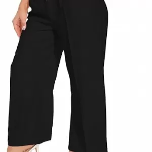 FUNYYZO Women’s High-Waisted Wide Leg Work Pants – Back Elastic Business Trousers with Pockets