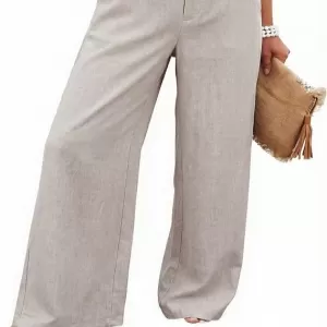 Hooever Women’s Cotton Linen High-Waisted Wide Leg Pants – Breathable Button-Up Casual Trousers