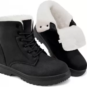 HARENCE Women's Snow Boots – Warm Fur Lined Ankle Booties with Lace Up & Slip On Design