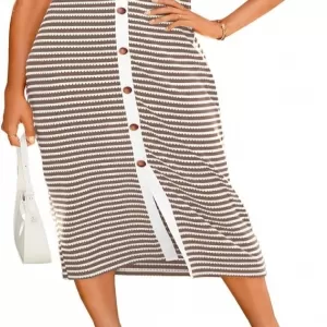 BTFBM Striped Midi Dress – Short Sleeve Ribbed Knit Casual Summer Party Bodycon Dress