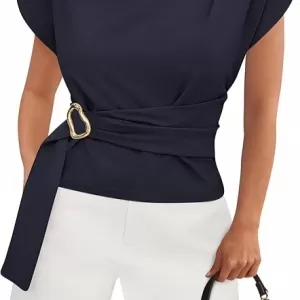 PRETTYGARDEN Women's Cap Sleeve Blouse – Mock Neck Buckle Front Tunic Business Casual Top 2026