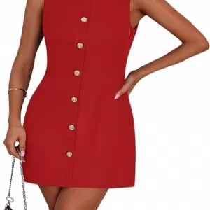 PRETTYGARDEN Work Short Dress 2026 – Sleeveless Button Down Elegant Business Formal Office Outfit (Red)