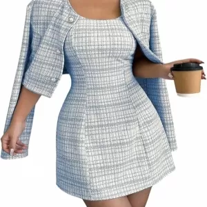 SOLY HUX 2 Piece Plaid Outfit – Long Sleeve Cropped Jacket and Sleeveless Mini Dress Set