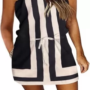Summer Strapless Beach Cover Up – Boho Sundress Mini Dress Drawstring Waist with Pockets