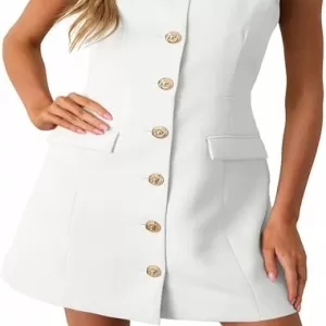 Wenrine Work Short Dress 2026 – Sleeveless Button Down Elegant Business Formal Office Blazer Outfit