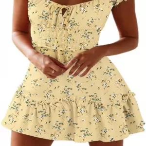YOBECHO Ruffle Sleeve Mini Dress – Sweetheart Neckline Floral Print Boho Summer Dress